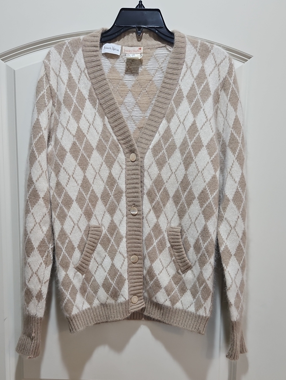 Vintage Neiman Marcus Lambswool & Angora Beige & Cream Argyle Cardigan Sweater